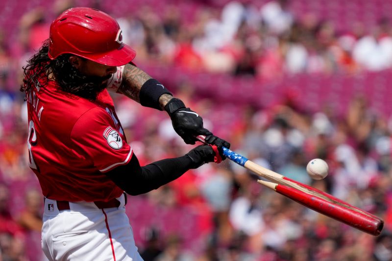 Jul 13, 2024; Cincinnati, Ohio, USA; The bat shatters as Cincinnati Reds second base Jonathan India (6) flies out in the in the first inning of the MLB National League game between the Cincinnati Reds and the Miami Marlins at Great American Ball Park in downtown Cincinnati on Saturday, July 13, 2024. 
Mandatory Credit: Sam Greene-The Cincinnati Enquirer-USA TODAY Sports