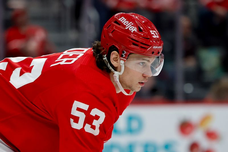 Jan 23, 2024; Detroit, Michigan, USA;  Detroit Red Wings defenseman Moritz Seider (53) gets set during a face off in the first period against the Dallas Stars at Little Caesars Arena. Mandatory Credit: Rick Osentoski-USA TODAY Sports