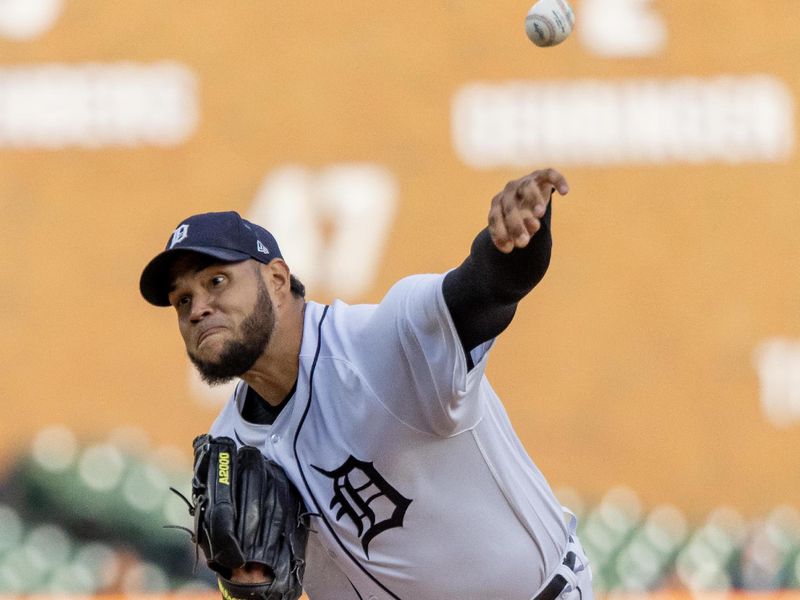 Sep 13, 2023; Detroit, Michigan, USA; Detroit Tigers starting pitcher Eduardo Rodriguez (57) throws in the first inning against the Cincinnati Reds at Comerica Park. Mandatory Credit: David Reginek-USA TODAY Sports