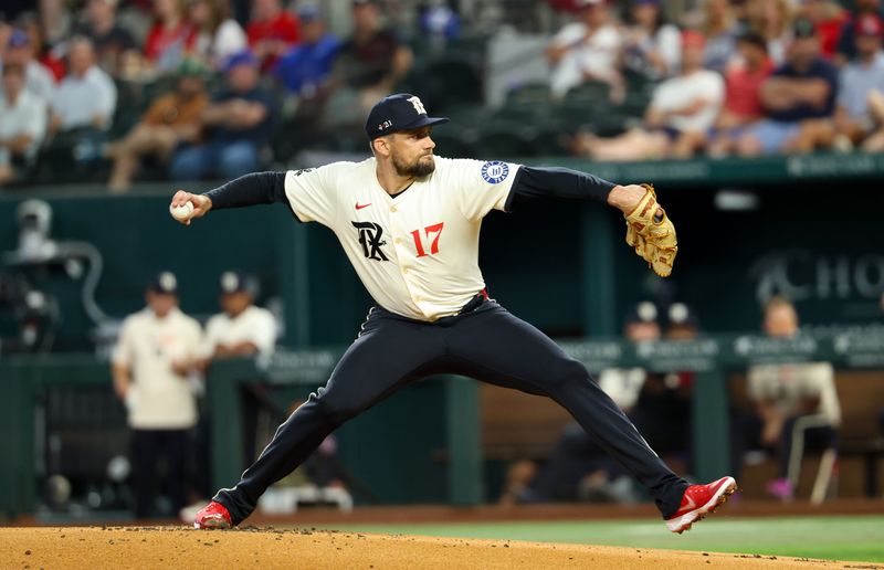 Jun 27, 2025; Arlington, Texas, USA;  Texas Rangers starting pitcher Nathan Eovaldi (17) throws during the first inning against the Seattle Mariners at Globe Life Field. Mandatory Credit: Kevin Jairaj-Imagn Images