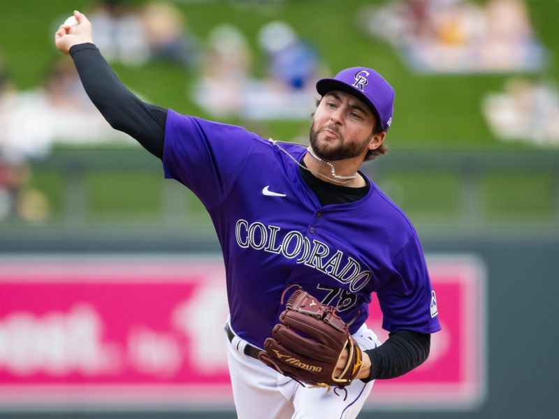 Feb 26, 2024; Salt River Pima-Maricopa, Arizona, USA; Colorado Rockies pitcher Jeff Criswell against the Los Angeles Dodgers during a spring training game at Salt River Fields at Talking Stick. Mandatory Credit: Mark J. Rebilas-USA TODAY Sports