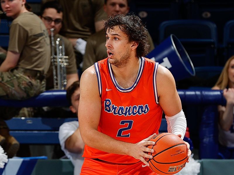 Jan 31, 2023; Colorado Springs, Colorado, USA; Boise State Broncos forward Tyson Degenhart (2) controls the ball in the second half against the Air Force Falcons at Clune Arena. Mandatory Credit: Isaiah J. Downing-USA TODAY Sports