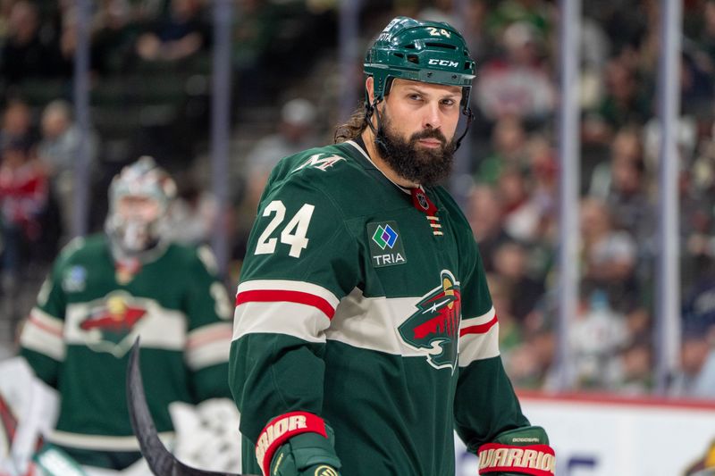 Nov 14, 2024; Saint Paul, Minnesota, USA; Minnesota Wild defenseman Zach Bogosian (24) during a stop in the action against the Montreal Canadiens in the third period at Xcel Energy Center. Mandatory Credit: Matt Blewett-Imagn Images