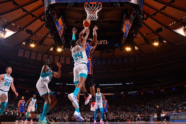 NEW YORK, NY - NOVEMBER 28: Mitchell Robinson #23 of the New York Knicks drives to the basket during the game against the Charlotte Hornets during the In-Season Tournament on November 28, 2023 at Madison Square Garden in New York City, New York.  NOTE TO USER: User expressly acknowledges and agrees that, by downloading and or using this photograph, User is consenting to the terms and conditions of the Getty Images License Agreement. Mandatory Copyright Notice: Copyright 2023 NBAE  (Photo by Jesse D. Garrabrant/NBAE via Getty Images)