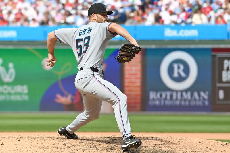Apr 20, 2025; Philadelphia, Pennsylvania, USA; Miami Marlins relief pitcher Cade Gibsob (58) throws a pitch during the sixth inning against the Philadelphia Phillies at Citizens Bank Park. Mandatory Credit: Eric Hartline-Imagn Images