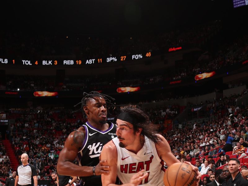MIAMI, FL - JANUARY 31: Jaime Jaquez Jr. #11 of the Miami Heat handles the ball during the game against the Sacramento Kings on January 31, 2024 at Kaseya Center in Miami, Florida. NOTE TO USER: User expressly acknowledges and agrees that, by downloading and or using this Photograph, user is consenting to the terms and conditions of the Getty Images License Agreement. Mandatory Copyright Notice: Copyright 2024 NBAE (Photo by Issac Baldizon/NBAE via Getty Images)