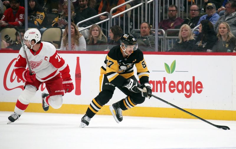 Nov 13, 2024; Pittsburgh, Pennsylvania, USA;  Pittsburgh Penguins center Sidney Crosby (87) skates with the puck ahead of Detroit Red Wings center Dylan Larkin (71) during the first period at PPG Paints Arena. Mandatory Credit: Charles LeClaire-Imagn Images