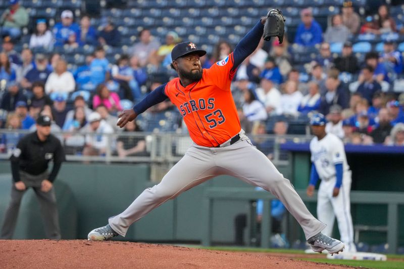 Apr 9, 2024; Kansas City, Missouri, USA; Houston Astros starting pitcher Cristian Javier (53) delivers a pitch against the Kansas City Royals in the first inning at Kauffman Stadium. Mandatory Credit: Denny Medley-USA TODAY Sports