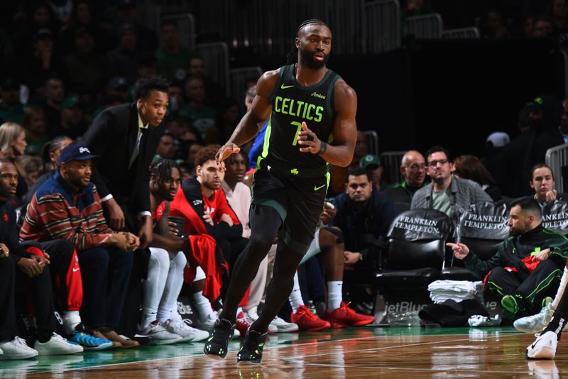 BOSTON, MA - NOVEMBER 16: Jaylen Brown #7 of the Boston Celtics looks on during the game against the Toronto Raptors on November 16, 2024 at TD Garden in Boston, Massachusetts. NOTE TO USER: User expressly acknowledges and agrees that, by downloading and/or using this Photograph, user is consenting to the terms and conditions of the Getty Images License Agreement. Mandatory Copyright Notice: Copyright 2024 NBAE (Photo by Brian Babineau/NBAE via Getty Images)