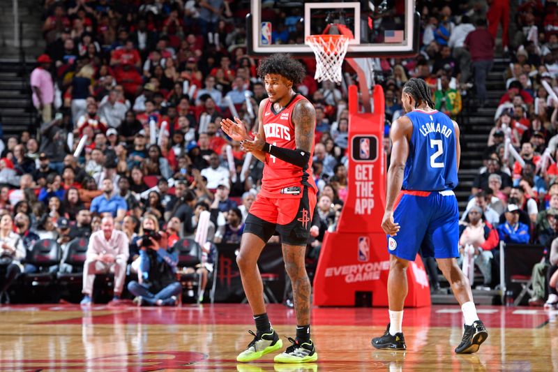 HOUSTON, TX - MARCH 6: Jalen Green #4 of the Houston Rockets celebrates during the game against the LA Clippers on March 6, 2024 at the Toyota Center in Houston, Texas. NOTE TO USER: User expressly acknowledges and agrees that, by downloading and or using this photograph, User is consenting to the terms and conditions of the Getty Images License Agreement. Mandatory Copyright Notice: Copyright 2024 NBAE (Photo by Logan Riely/NBAE via Getty Images)