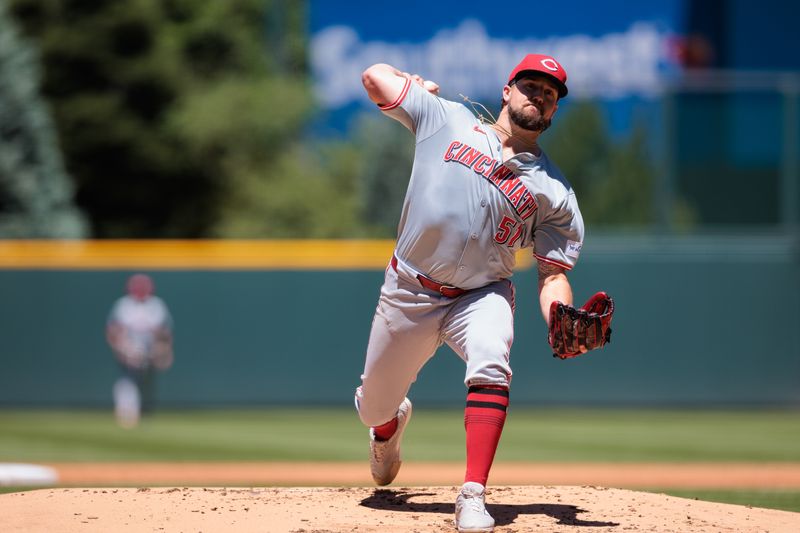 Jun 5, 2024; Denver, Colorado, USA; Cincinnati Reds starting pitcher Graham Ashcraft (51) delivers a pitch against the Colorado Rockies during the first inning at Coors Field. Mandatory Credit: Andrew Wevers-USA TODAY Sports