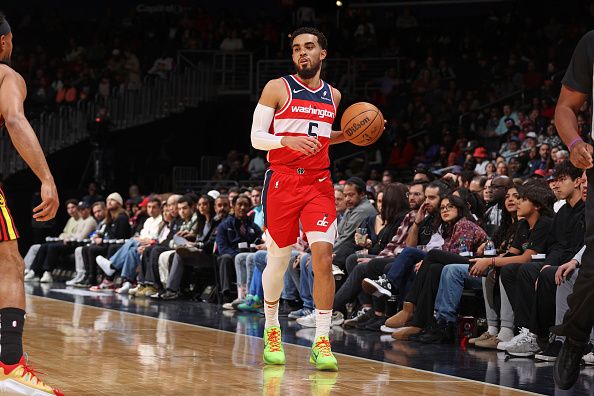 WASHINGTON, DC -? DECEMBER 31: Tyus Jones #5 of the Washington Wizards dribbles the ball during the game against the Atlanta Hawks on December 31, 2023 at Capital One Arena in Washington, DC. NOTE TO USER: User expressly acknowledges and agrees that, by downloading and or using this Photograph, user is consenting to the terms and conditions of the Getty Images License Agreement. Mandatory Copyright Notice: Copyright 2023 NBAE (Photo by Stephen Gosling/NBAE via Getty Images)