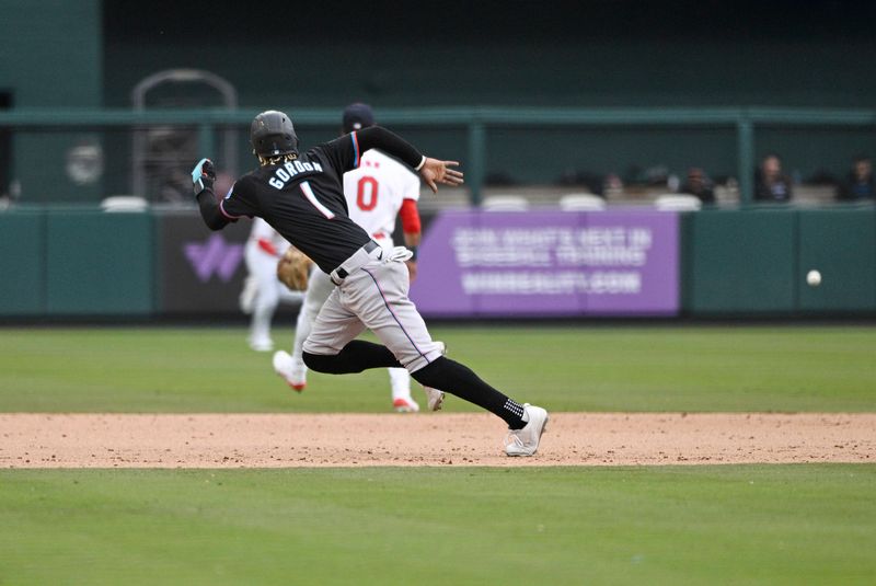 Apr 7, 2024; St. Louis, Missouri, USA; Miami Marlins outfielder Nick Gordon (1) runs the bases from a single by  Luis Arraez (not pictured) against the St. Louis Cardinals during the eighth inning at Busch Stadium. Mandatory Credit: Jeff Le-USA TODAY Sports