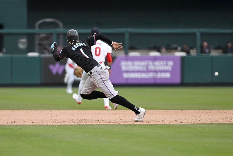 Apr 7, 2024; St. Louis, Missouri, USA; Miami Marlins outfielder Nick Gordon (1) runs the bases from a single by  Luis Arraez (not pictured) against the St. Louis Cardinals during the eighth inning at Busch Stadium. Mandatory Credit: Jeff Le-USA TODAY Sports