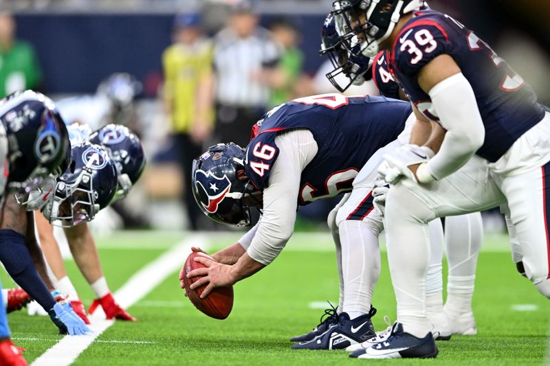 Houston Texans long snapper Jon Weeks (46) in action against the Tennessee Titans during an NFL football game, Sunday, Dec 31, 2023, in Houston. (AP Photo/Maria Lysaker)