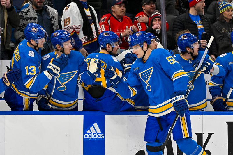 Jan 20, 2024; St. Louis, Missouri, USA;  St. Louis Blues defenseman Colton Parayko (55) is congratulated by teammates after scoring against the Washington Capitals during the first period at Enterprise Center. Mandatory Credit: Jeff Curry-USA TODAY Sports