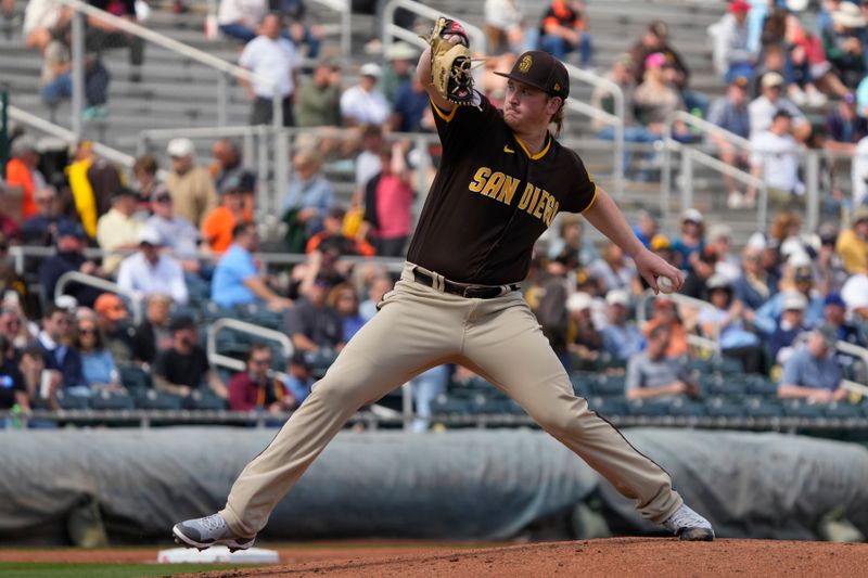 Feb 28, 2023; Scottsdale, Arizona, USA; San Diego Padres starting pitcher Jay Groome (55) throws against the San Francisco Giants in the first inning at Scottsdale Stadium. Mandatory Credit: Rick Scuteri-USA TODAY Sports