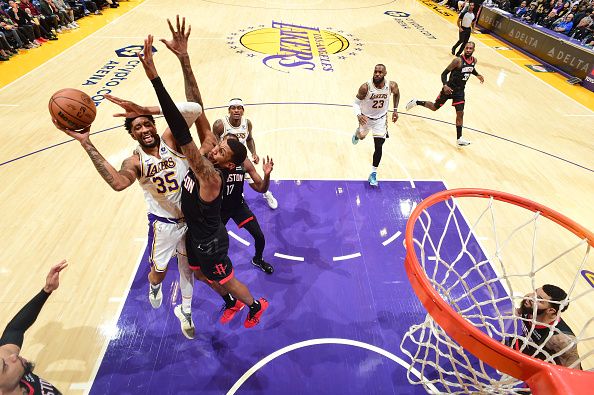 LOS ANGELES, CA - DECEMBER 2:  Christian Wood #35 of the Los Angeles Lakers goes to the basket during the gameon December 2, 2023 at Crypto.Com Arena in Los Angeles, California. NOTE TO USER: User expressly acknowledges and agrees that, by downloading and/or using this Photograph, user is consenting to the terms and conditions of the Getty Images License Agreement. Mandatory Copyright Notice: Copyright 2023 NBAE (Photo by Adam Pantozzi/NBAE via Getty Images)