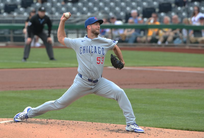 May 1, 2025; Pittsburgh, Pennsylvania, USA;  Chicago Cubs starting pitcher Colin Rea (53) delivers a pitch against the Pittsburgh Pirates during the first inning at PNC Park. Mandatory Credit: Charles LeClaire-Imagn Images