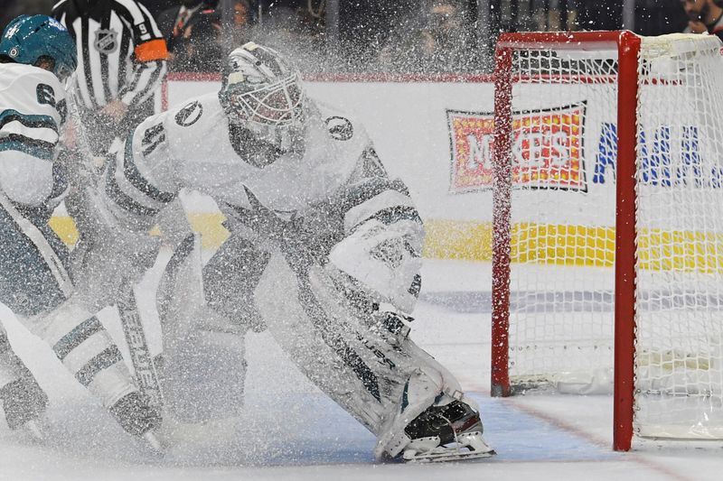 Nov 11, 2024; Philadelphia, Pennsylvania, USA; San Jose Sharks goaltender Vitek Vanecek (41) gets a sprayed with ice against the Philadelphia Flyers during the third period at Wells Fargo Center. Mandatory Credit: Eric Hartline-Imagn Images