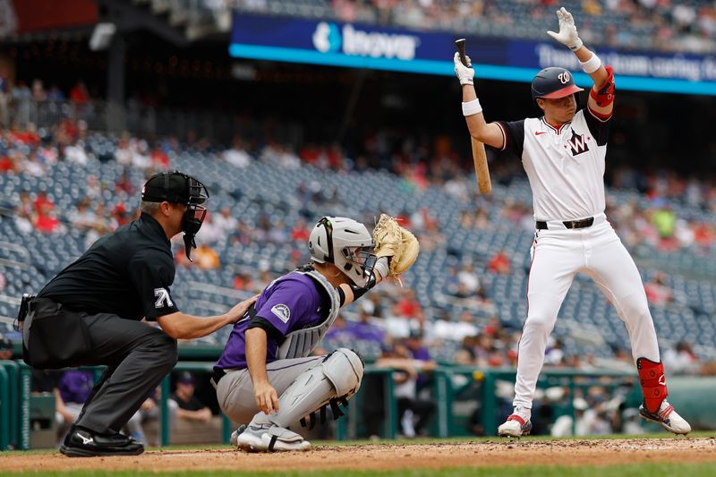 Aug 22, 2024; Washington, District of Columbia, USA; Washington Nationals outfielder Alex Call (17) avoids a pitch by Colorado Rockies starting pitcher Cal Quantrill (not pictured) during the third inning at Nationals Park. Mandatory Credit: Geoff Burke-USA TODAY Sports