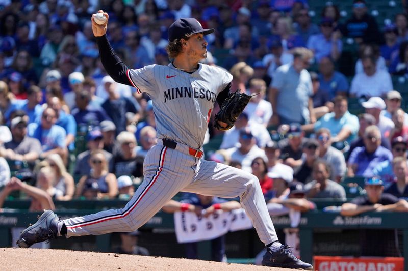 Aug 7, 2024; Chicago, Illinois, USA; Minnesota Twins pitcher Joe Ryan (41) throws against the Chicago Cubs during the first inning at Wrigley Field. Mandatory Credit: David Banks-USA TODAY Sports