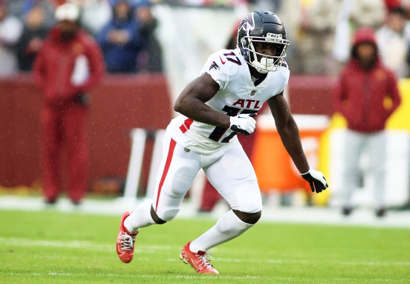 Atlanta Falcons wide receiver Olamide Zaccheaus (17) runs during an NFL football game against the Washington Commanders, Sunday, November 27, 2022 in Landover. (AP Photo/Daniel Kucin Jr.)