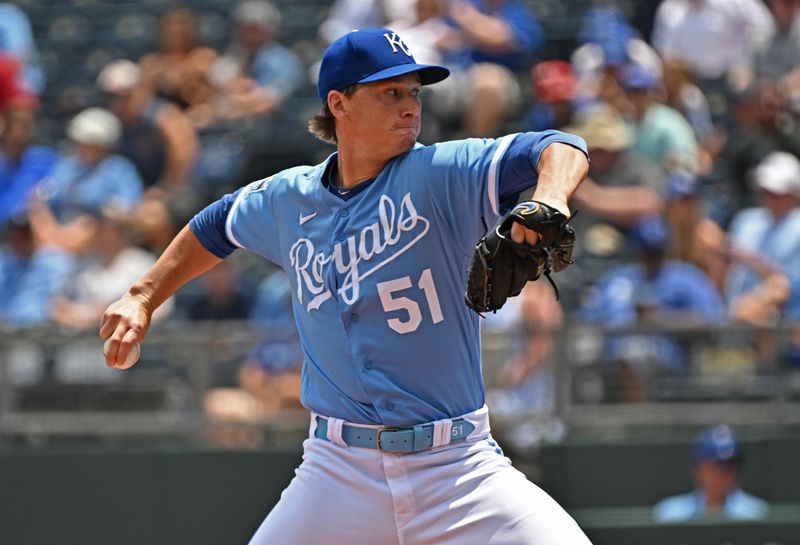 Jul 2, 2023; Kansas City, Missouri, USA;  Kansas City Royals starting pitcher Brady Singer (51) delivers a pitch in the first inning against the Los Angeles Dodgers at Kauffman Stadium. Mandatory Credit: Peter Aiken-USA TODAY Sports