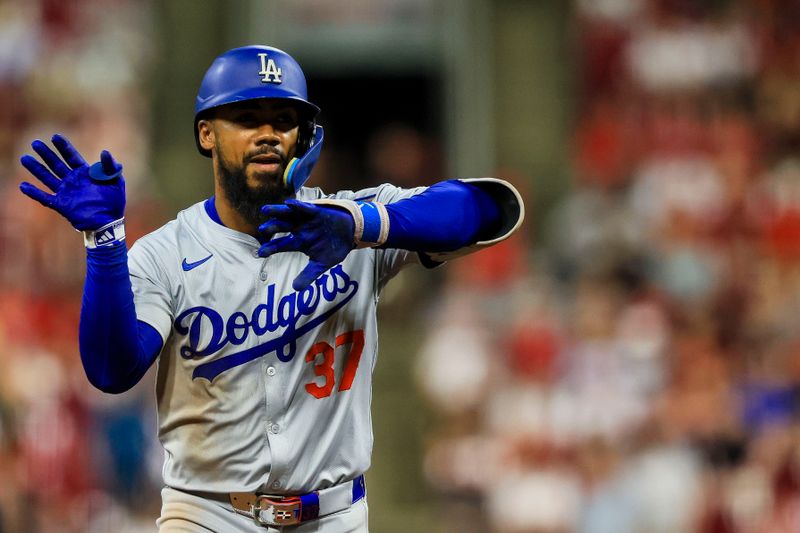 May 24, 2024; Cincinnati, Ohio, USA; Los Angeles Dodgers outfielder Teoscar Hernandez (37) reacts after hitting a solo home run in the ninth inning against the Cincinnati Reds at Great American Ball Park. Mandatory Credit: Katie Stratman-USA TODAY Sports