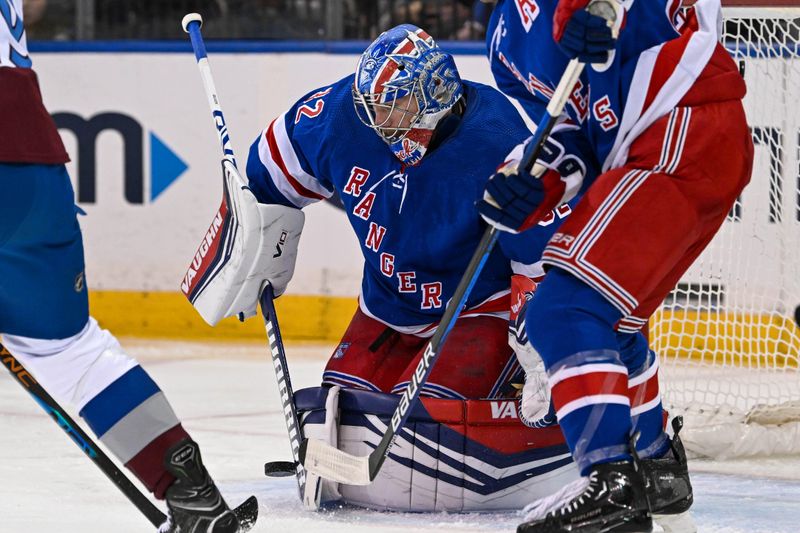 Feb 5, 2024; New York, New York, USA;  New York Rangers goaltender Jonathan Quick (32) makes a save against the Colorado Avalanche during the second period at Madison Square Garden. Mandatory Credit: Dennis Schneidler-USA TODAY Sports