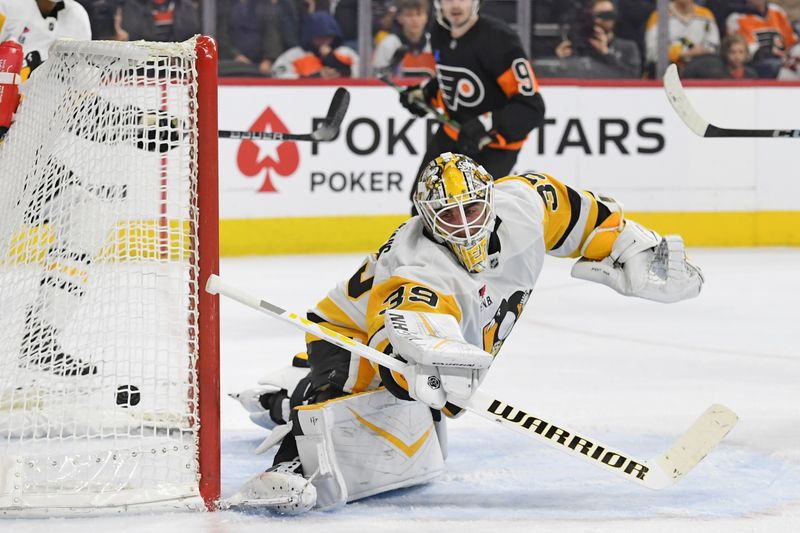 Feb 25, 2025; Philadelphia, Pennsylvania, USA; Pittsburgh Penguins goaltender Alex Nedeljkovic (39) allows goal by Philadelphia Flyers right wing Tyson Foerster (71) (not pictured) during the second period at Wells Fargo Center. Mandatory Credit: Eric Hartline-Imagn Images