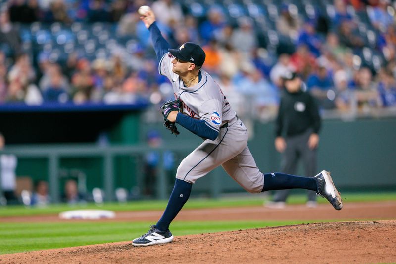 Apr 10, 2024; Kansas City, Missouri, USA; Houston Astros pitcher Brandon Bielak (64) pitches during the fourth inning against the Kansas City Royals at Kauffman Stadium. Mandatory Credit: William Purnell-USA TODAY Sports