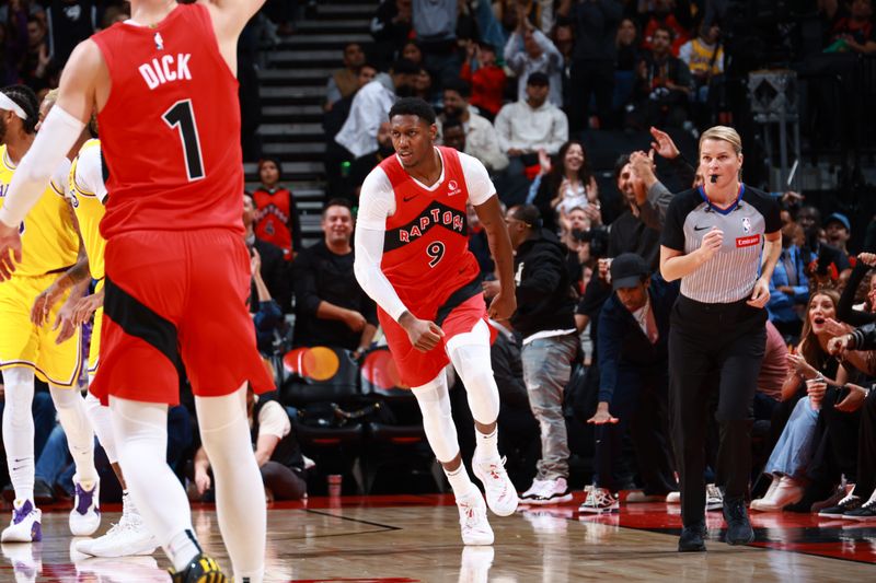 TORONTO, CANADA - NOVEMBER 1: RJ Barrett #9 of the Toronto Raptors celebrates during the game against the Los Angeles Lakers on November 1, 2024 at the Scotiabank Arena in Toronto, Ontario, Canada.  NOTE TO USER: User expressly acknowledges and agrees that, by downloading and or using this Photograph, user is consenting to the terms and conditions of the Getty Images License Agreement.  Mandatory Copyright Notice: Copyright 2024 NBAE (Photo by Vaughn Ridley/NBAE via Getty Images)