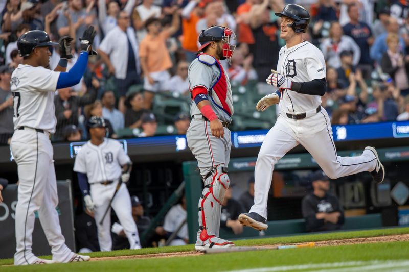 Jun 11, 2024; Detroit, Michigan, USA; Detroit Tigers outfielder Mark Canha (21) scores a run in the fifth inning against the Washington Nationals on hit by Detroit Tigers outfielder Riley Greene (31) (not pictured) at Comerica Park. Mandatory Credit: David Reginek-USA TODAY Sports