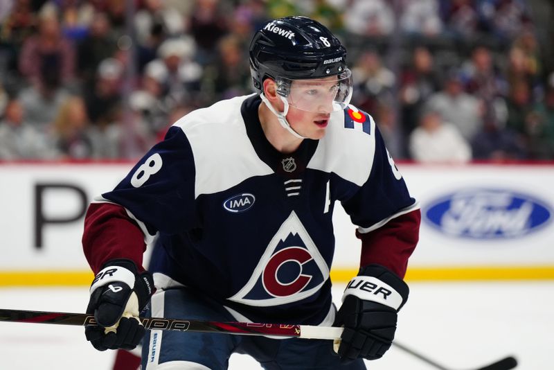 Feb 28, 2025; Denver, Colorado, USA; Colorado Avalanche defenseman Cale Makar (8) during the third period against the Minnesota Wild at Ball Arena. Mandatory Credit: Ron Chenoy-Imagn Images