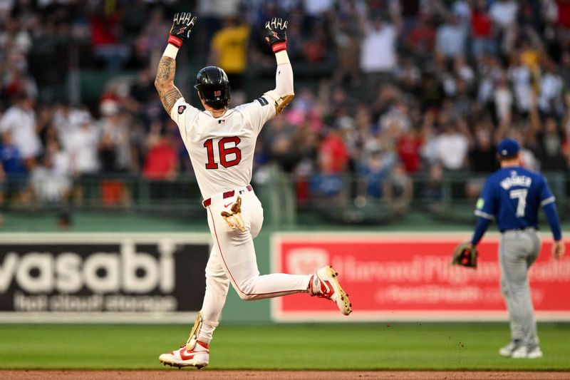 Aug 27, 2024; Boston, Massachusetts, USA; Boston Red Sox center fielder Jarren Duran (16) reacts after hitting a solo home run against the Toronto Blue Jays during the first inning at Fenway Park. Mandatory Credit: Brian Fluharty-USA TODAY Sports