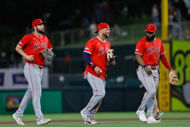 May 20, 2025; West Sacramento, California, USA; Los Angeles Angels third baseman Yoán Moncada (5) smiles as he walks off the field after the game against the Athletics at Sutter Health Park. Mandatory Credit: Sergio Estrada-Imagn Images