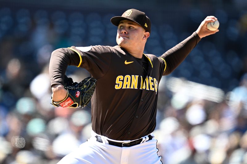 Mar 26, 2024; San Diego, California, USA; San Diego Padres relief pitcher Adrian Morejon (50) throws a pitch against the Seattle Mariners during the fifth inning at Petco Park. Mandatory Credit: Orlando Ramirez-USA TODAY Sports