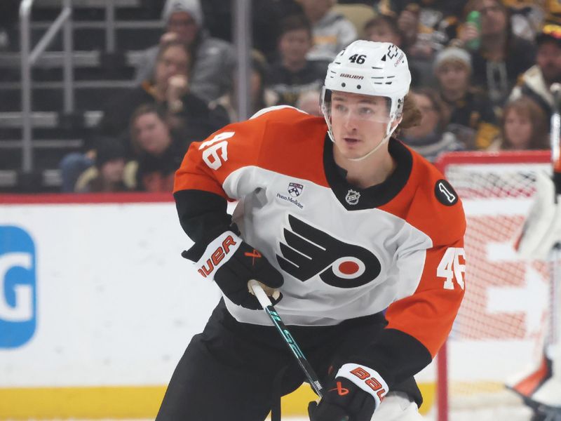 Jan 15, 2026; Pittsburgh, Pennsylvania, USA;  Philadelphia Flyers center Trevor Zegras (46) skates up ice with the puck against the Pittsburgh Penguins during the first period at PPG Paints Arena. Mandatory Credit: Charles LeClaire-Imagn Images