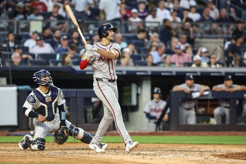 Jun 21, 2024; Bronx, New York, USA; Atlanta Braves first baseman Matt Olson (28) hits a two run home run in the fourth inning against the New York Yankees at Yankee Stadium. Mandatory Credit: Wendell Cruz-USA TODAY Sports