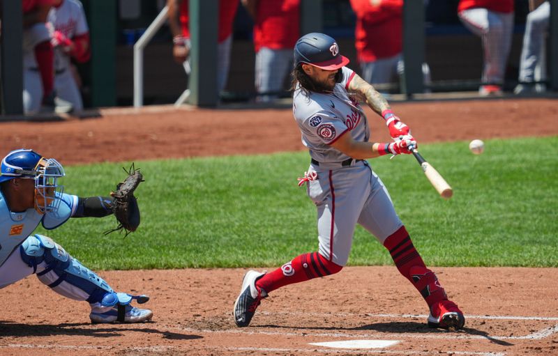 May 28, 2023; Kansas City, Missouri, USA; Washington Nationals second baseman Michael Chavis (6) hits an RBI single during the fourth inning against the Kansas City Royals at Kauffman Stadium. Mandatory Credit: Jay Biggerstaff-USA TODAY Sports