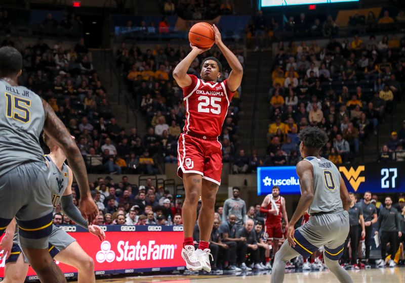 Feb 4, 2023; Morgantown, West Virginia, USA; Oklahoma Sooners guard Grant Sherfield (25) shoots a three point basket during the first half against the West Virginia Mountaineers at WVU Coliseum. Mandatory Credit: Ben Queen-USA TODAY Sports