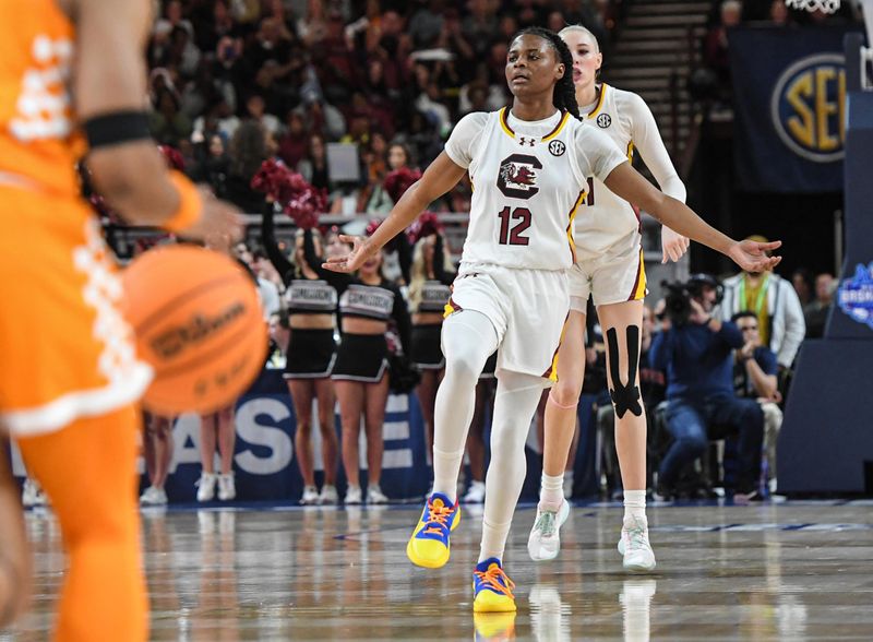 Mar 9, 2024; Greenville, SC, USA; South Carolina Gamecocks guard MiLaysia Fulwiley (12) reacts after making a three-point basket against the Tennessee Lady Vols during the second quarter at the Bon Secours Wellness Arena. Mandatory Credit: Ken Ruinard/The Greenville News via USA TODAY NETWORK