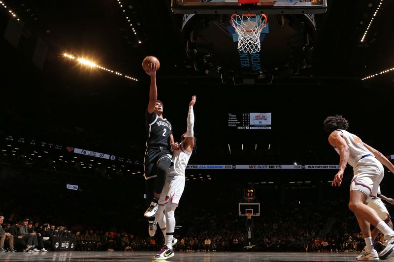 BROOKLYN, NY - JANUARY 23: Cameron Johnson #2 of the Brooklyn Nets drives to the basket during the game against the New York Knicks on January 23, 2024 at Barclays Center in Brooklyn, New York. NOTE TO USER: User expressly acknowledges and agrees that, by downloading and or using this Photograph, user is consenting to the terms and conditions of the Getty Images License Agreement. Mandatory Copyright Notice: Copyright 2024 NBAE (Photo by Nathaniel S. Butler/NBAE via Getty Images)