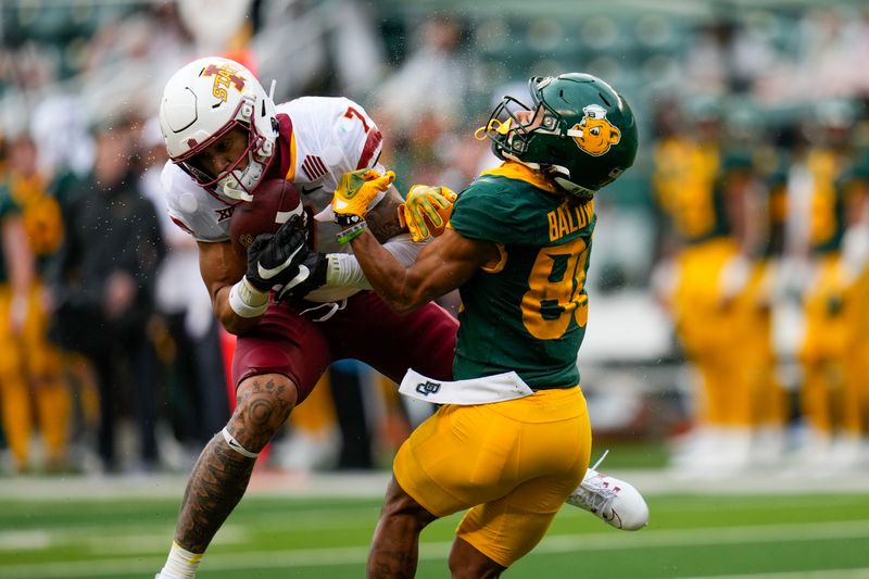 Oct 28, 2023; Waco, Texas, USA;  Iowa State Cyclones defensive back Malik Verdon (7) makes an interception against Baylor Bears wide receiver Monaray Baldwin (80) during the first half at McLane Stadium. Mandatory Credit: Chris Jones-USA TODAY Sports