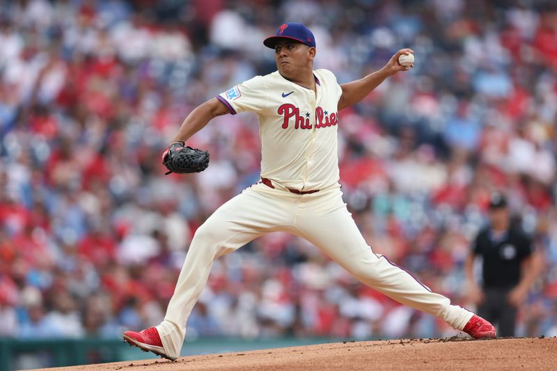 Aug 6, 2025; Philadelphia, Pennsylvania, USA; Philadelphia Phillies pitcher Ranger Suarez (55) throws a pitch during the first inning against the Baltimore Orioles at Citizens Bank Park. Mandatory Credit: Bill Streicher-Imagn Images