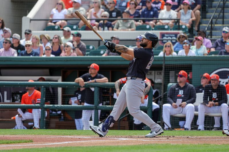 Mar 12, 2026; Lakeland, Florida, USA; New York Yankees left fielder Jasson Domínguez (24) home run during the first inning against the Detroit Tigers at Publix Field at Joker Marchant Stadium. Mandatory Credit: Mike Watters-Imagn Images Mar 12, 2026; Lakeland, Florida, USA; New York Yankees left fielder Jasson Domínguez (24) home run during the first inning against the Detroit Tigers at Publix Field at Joker Marchant Stadium. Mandatory Credit: Mike Watters-Imagn Images