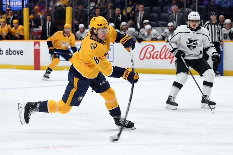 Jan 31, 2024; Nashville, Tennessee, USA; Nashville Predators center Cody Glass (8) shoots the puck during the first period against the Los Angeles Kings at Bridgestone Arena. Mandatory Credit: Christopher Hanewinckel-USA TODAY Sports