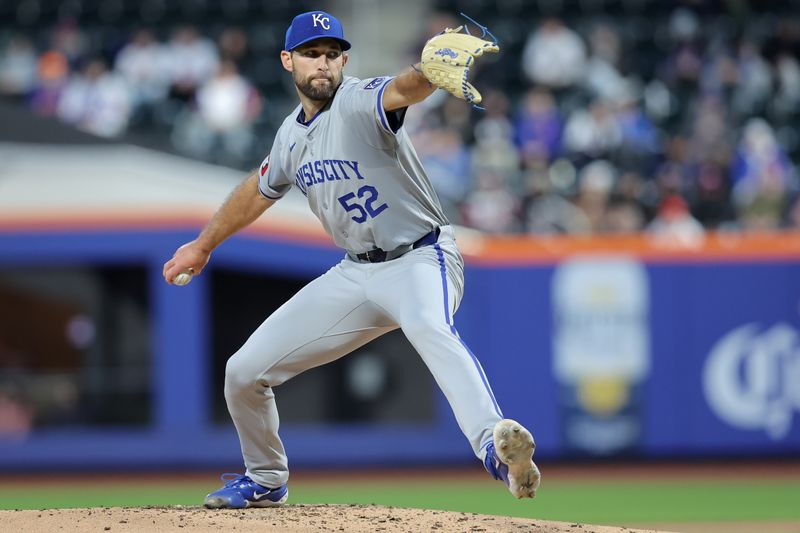 Apr 12, 2024; New York City, New York, USA; Kansas City Royals starting pitcher Michael Wacha (52) pitches against the New York Mets during the second inning at Citi Field. Mandatory Credit: Brad Penner-USA TODAY Sports