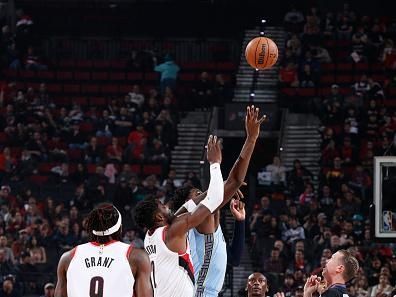 PORTLAND, OR - NOVEMBER 5: The opening tipoff of the game between the Memphis Grizzlies and the Portland Trail Blazers on November 5, 2023 at the Moda Center Arena in Portland, Oregon. NOTE TO USER: User expressly acknowledges and agrees that, by downloading and or using this photograph, user is consenting to the terms and conditions of the Getty Images License Agreement. Mandatory Copyright Notice: Copyright 2023 NBAE (Photo by Cameron Browne/NBAE via Getty Images)